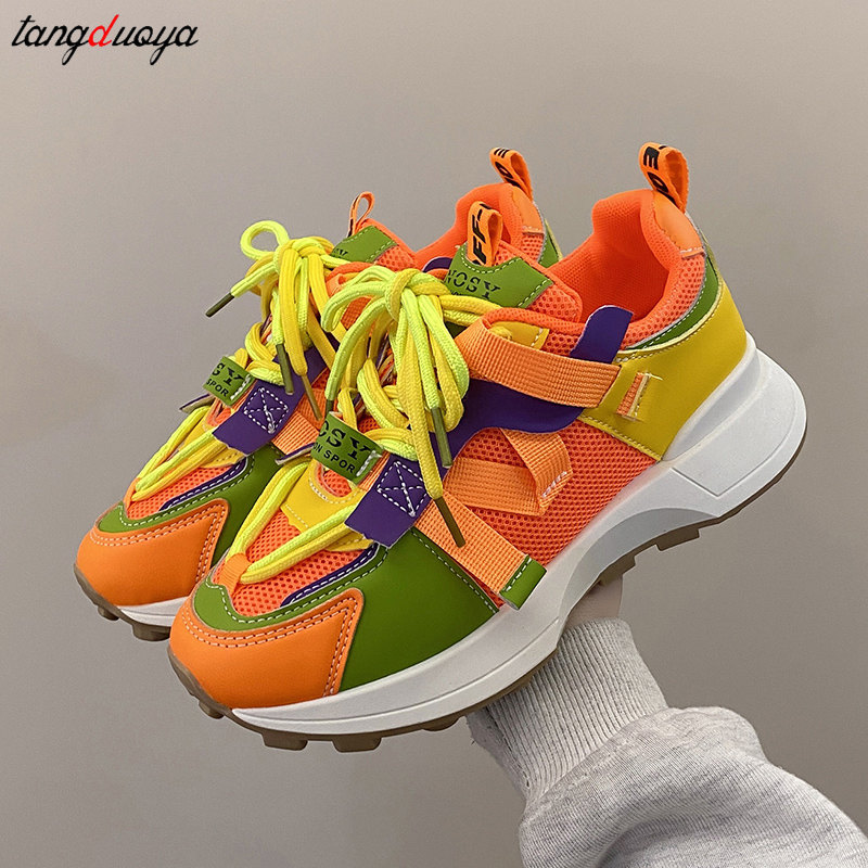 orange Platform Sneakers Women 2023 Spring Breathable Thick Soled Sport Shoes Woman Hip Hop Non Slip Lace Up Casual Shoes pink