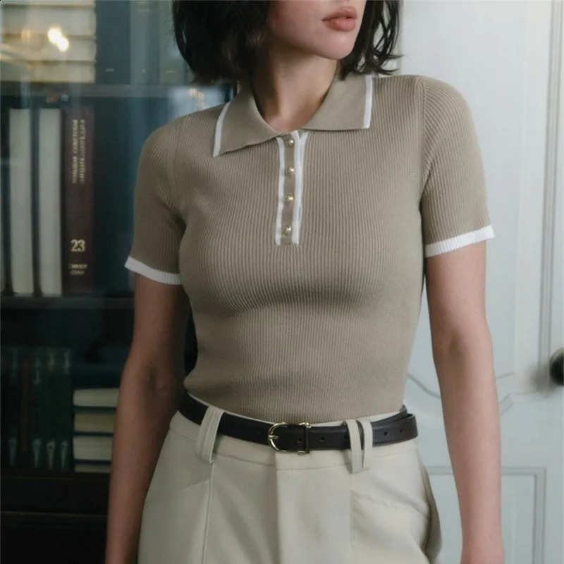 Talenza Womens Knitted Pullover Fashion Short Sleeve Patchwork Sweater Top Elegant Slim Contrast Lapel 240730