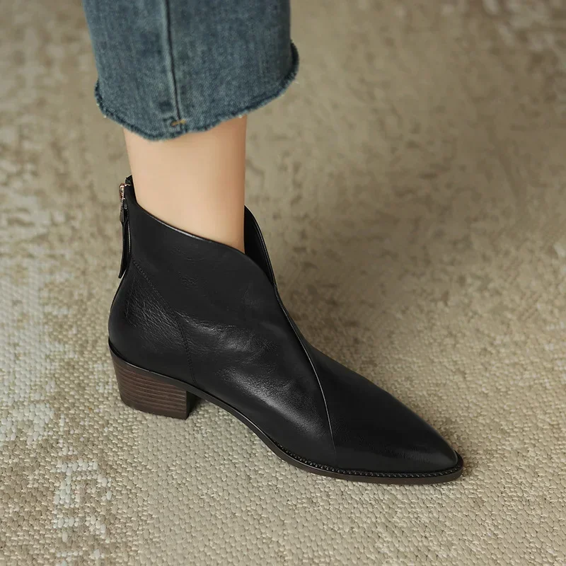 Women Pointy Brown Ankle Boots High Heels Shoes Woman Vintage Chelsea Boots Autumn PU Leather Femme Mid-heel Stubby Ankle Boots