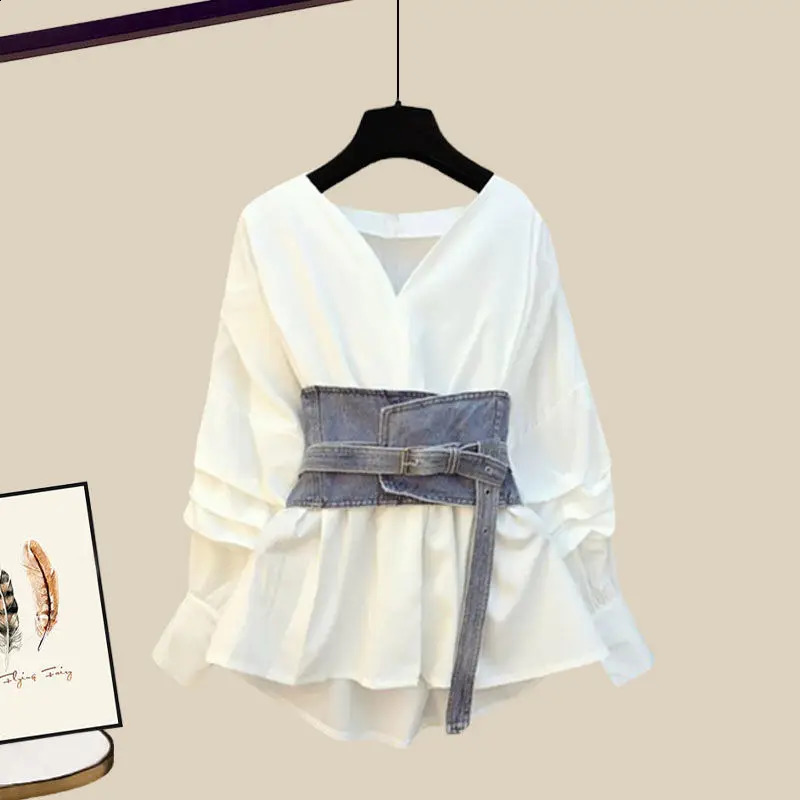 Summer Oversized Two Piece Skirt Set For Women Long Sleeve BlouseHigh Waist Denim Skirt two-piece Jeans Skirt Set Female 240812