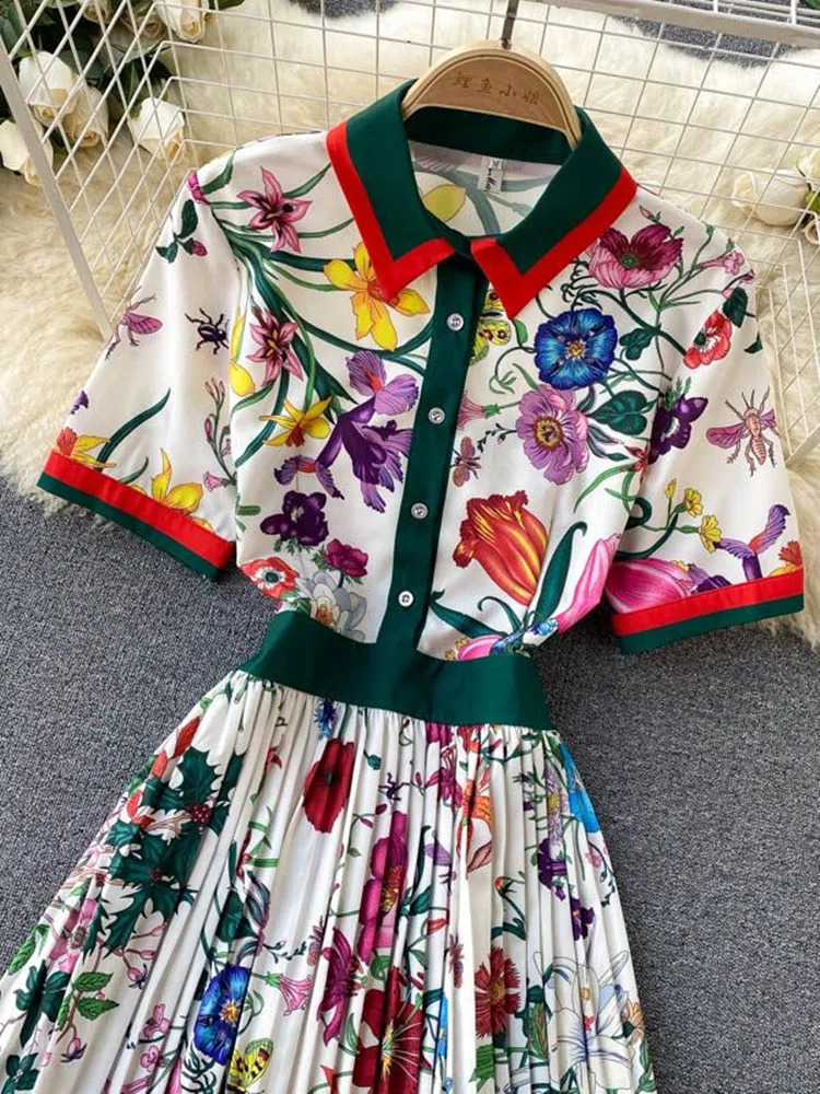 Fashion Runway Summer Striped Flower Dress Womens Turn Down Collar Short Sleeve Floral Print Midi Tunic Party Pleated Vestidos240730