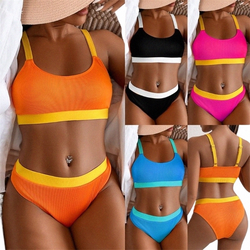 2024 New Women High Waisted Bikini Set 2Pieces Sports-Color Block Wirel Swimsuit Scoop-Neck Cheeky Bathing Suit with Padded d9TM#
