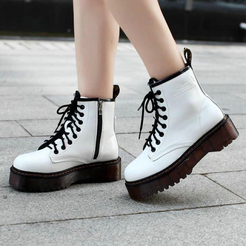 Leather Martin Boots Thick Sole 5cm Women High Top Platform Ankle Boots Winter Autumn Front Lace-up Waterproof Motorcycle Boots