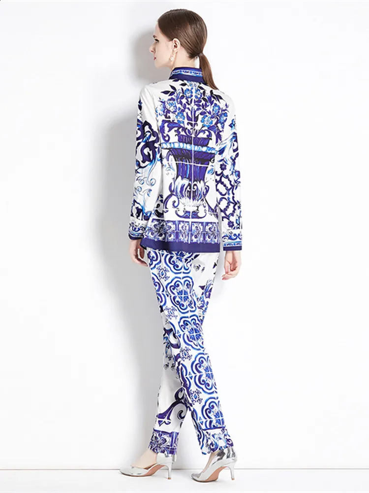 Autumn Blue And White Porcelain Flower Print Two Piece Set Womens Long Sleeve Shirt TopPocket Pencil Satin Pant Suit Outfits240730