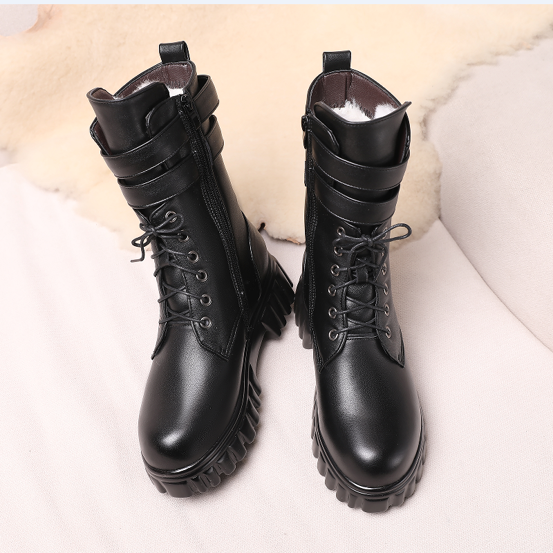 Winter AIYUQI 2024 New Platform Genuine Leather Middle Wool Warm Biker Boots Women 7474