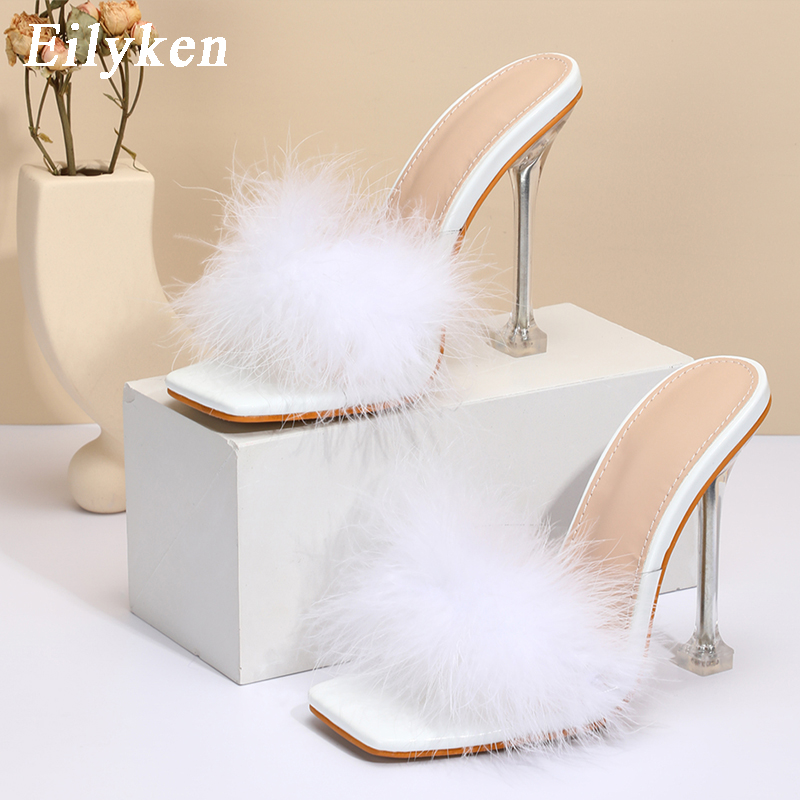 New Eilyken 2024 PVC Shoes Slippers Woman Feather Transparent High Heels New Fur Pumps Square toe Mules Lady Slides a61a
