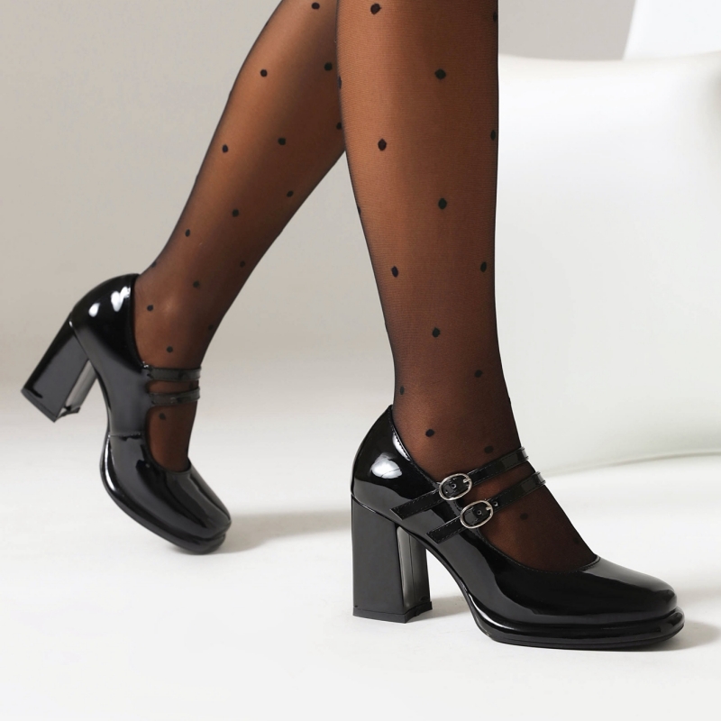 Women's Elegant High Heels Mary Janes Classic Dress Pumps Black White Block Heeled Wedding Office Shoes Female Large Size 20c2