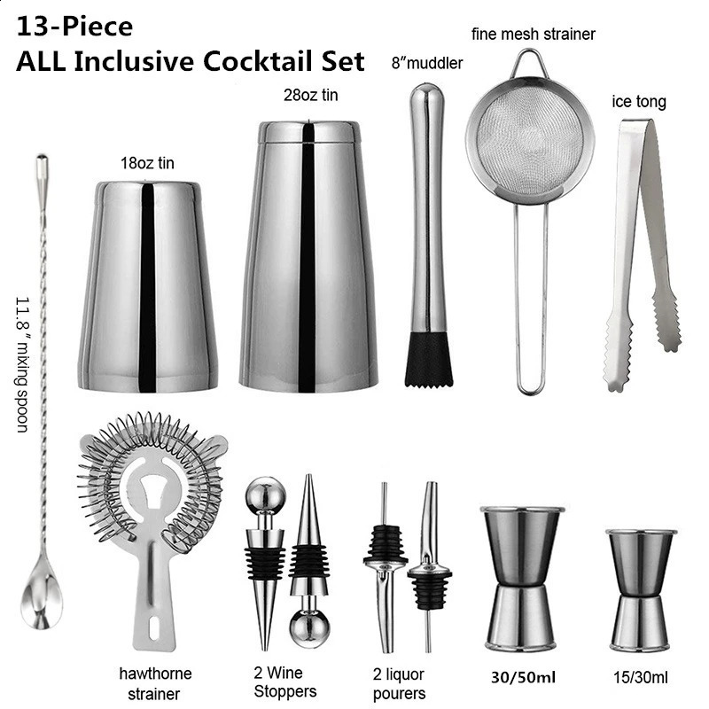 13PcsSet Stainless Steel Cocktail Shaker Ice Tong Mixer Drink Boston Bartender Browser Kit Bars Set Professional Bar Tools 240729