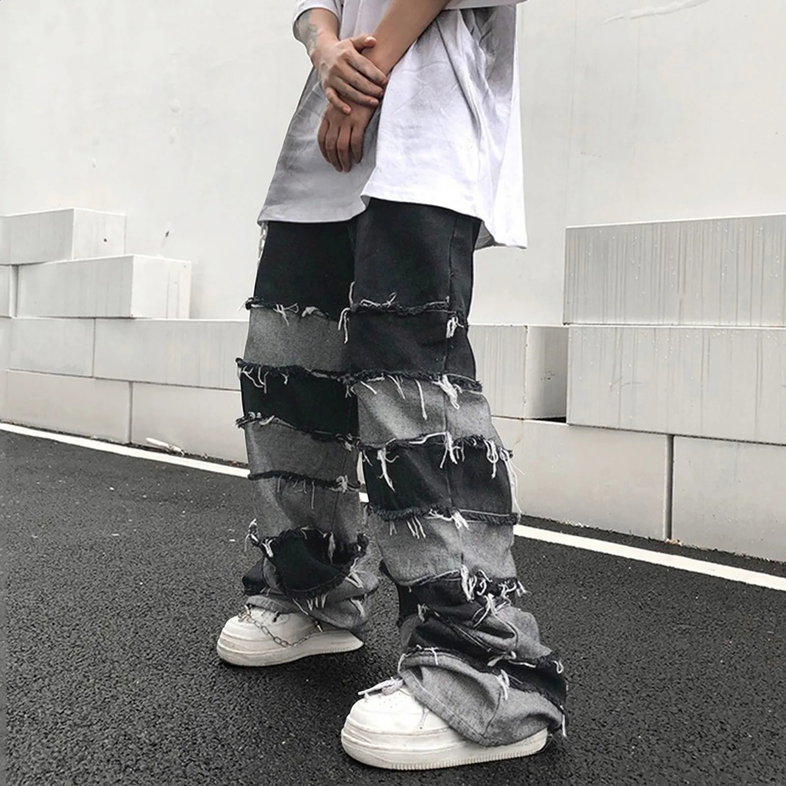 Tassel jeans mens patch wide legs lazy style hiphop loose denim pants pocket tear Distressed Stacked Y2K Grunge 240808