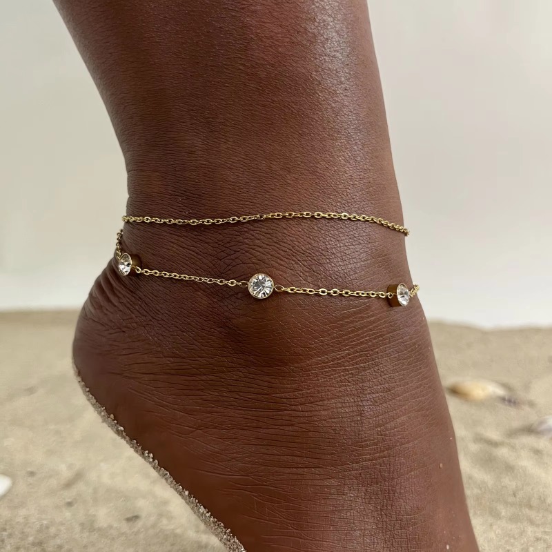 Double Layer Anklet No Fade Waterproof Stainless Steel Jewelry PVD Gold Plated Bead Chain Anklets For Women