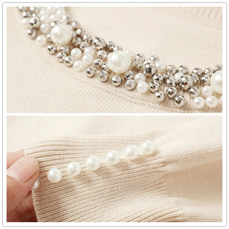 Chic Beaded Oneck Knitted Tshirts Women Spring Casual Slim Knitwear Jumper Tops Korean Long Sleeve Malhas Tee Thin Sweater 240730