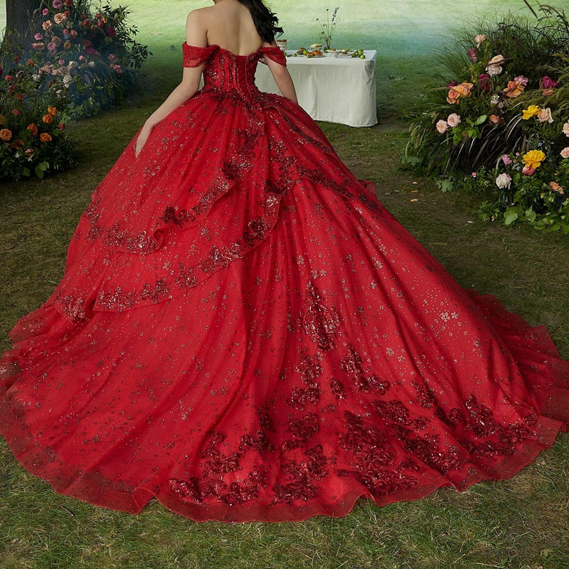 Red Shiny Princess Ball Quinceanera Dresses Off Shoulder Beaded Appliques Crystals Sweet 16 Prom Party Gown Vestido De 15 Anos