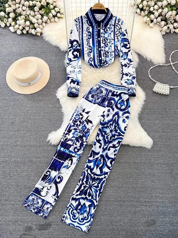 Autumn Blue And White Porcelain Flower Print Two Piece Set Womens Long Sleeve Shirt TopPocket Pencil Satin Pant Suit Outfits240730