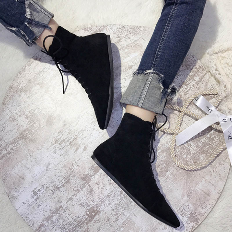 Winter Nubuck flock ankle botas plush lace up botines mujer pointed toe short riding boots trendy velvet flat chelsea boots 2020