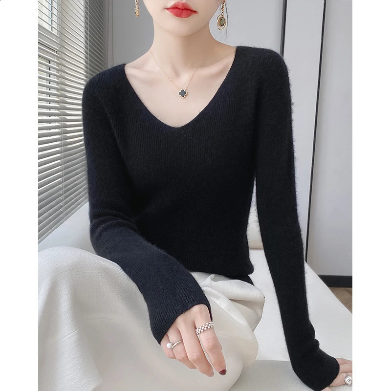 100% pure wool slim quality autumn and winter ladies Vneck sweater womens knitted pullover fashion solid color warm top 240730
