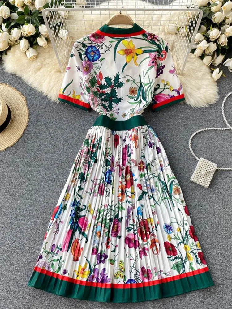 Fashion Runway Summer Striped Flower Dress Womens Turn Down Collar Short Sleeve Floral Print Midi Tunic Party Pleated Vestidos240730