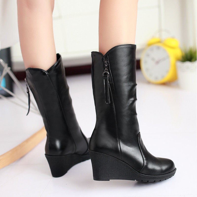 Casual Wedge Heels Snow Women Comfortable Fur Plush Mid-calf Boots Fashion Black Brown White Winter Shoes Large Size 34-48 a602