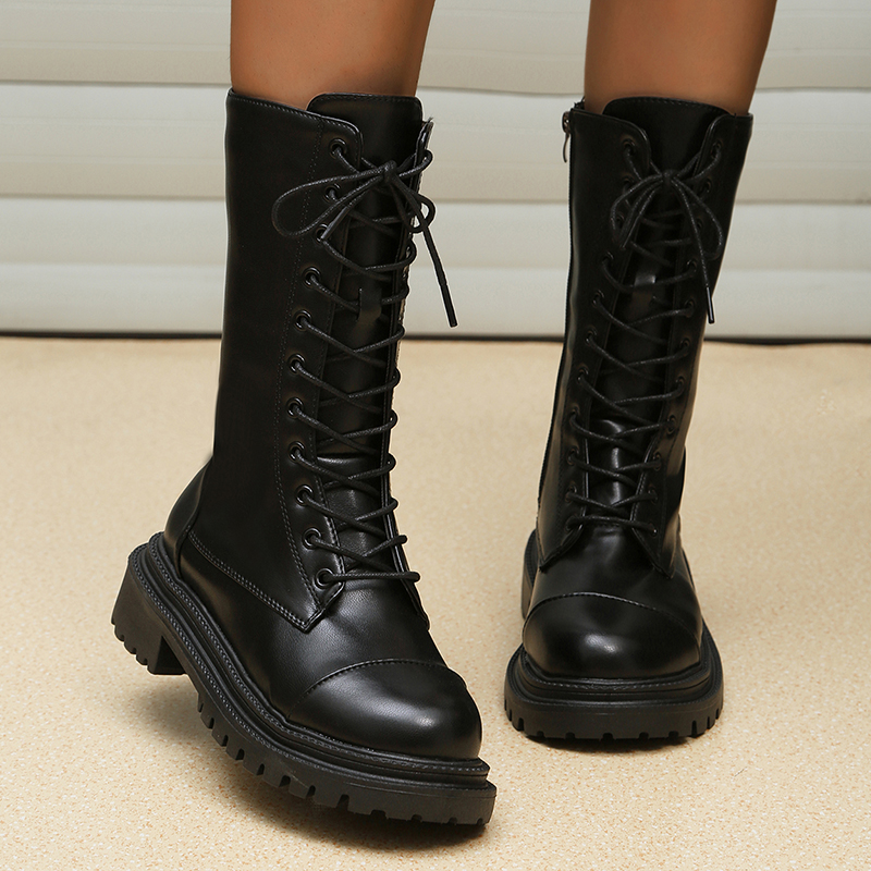 Black PU Leather Combat Boots for Women 2023 Autumn Winter Non Slip Motorcycle Boots Woman Fashion Platform Ankle Botas Mujer