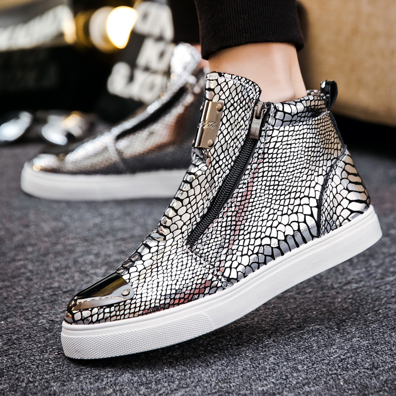 Fashion Silver Crocodile Skateboard Sneakers Men Mirrors Designer Mens Luxury Shoes Streetwear High Top Zip Men's Sports Shoes
