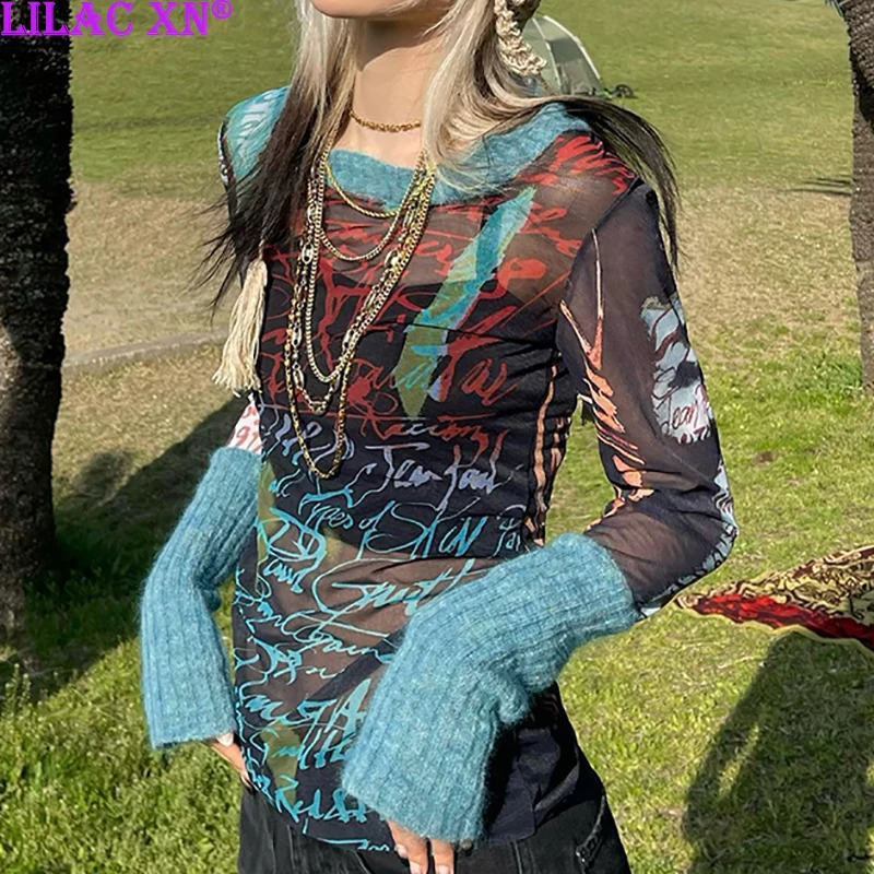 Y2K Sexy Lace Mesh See Through T-Shirts Goth Graphic Print Long Sleeve Knit Patchwork Tops Vintage Women Summer Streetwear 240730