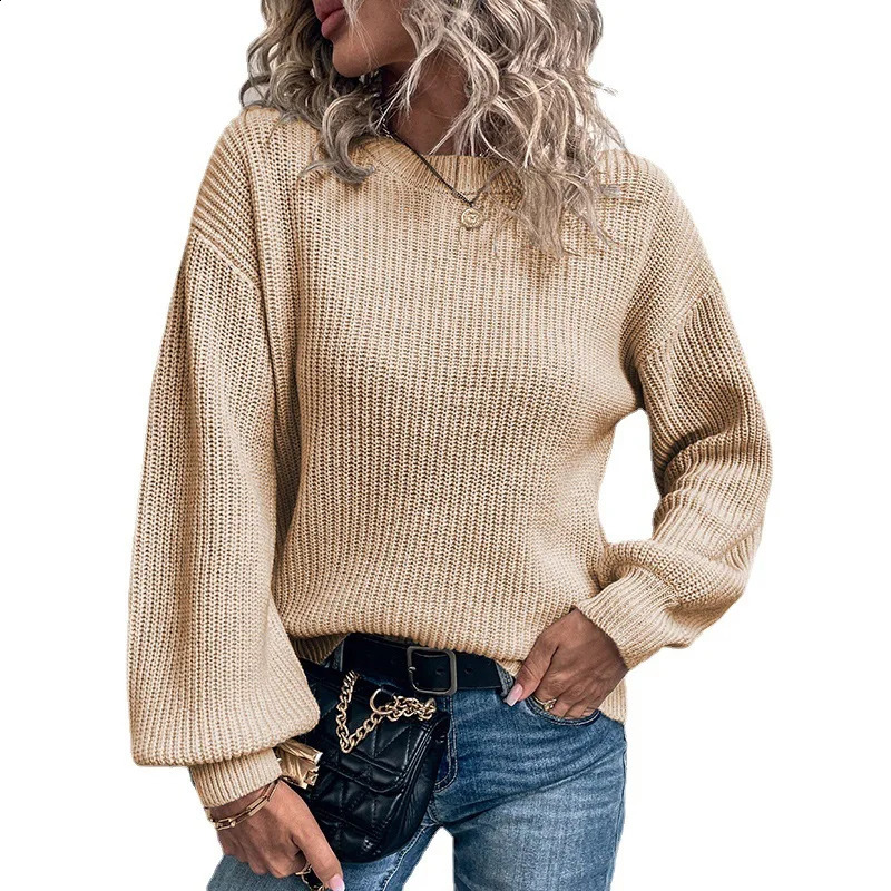Women Top Sweater Womens Solid Color Autumn Winter Round Neck Pullover Lantern Sleeve 240730
