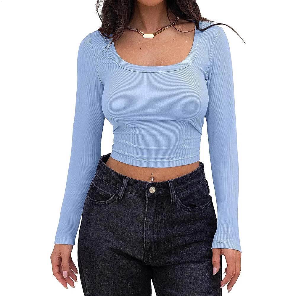Womens Long Sleeve Square Neck Crop Top Ribbed Slim Fitted Y2K Casual T-Shirt Tops 240730
