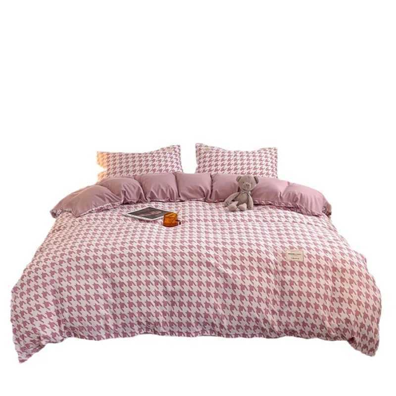 Japanese Plaid Washed Cotton Bed Set Of Four Pieces Without Printed Style Student Dormitory Bed Sheets Quilts Bed Sheets And Y240730