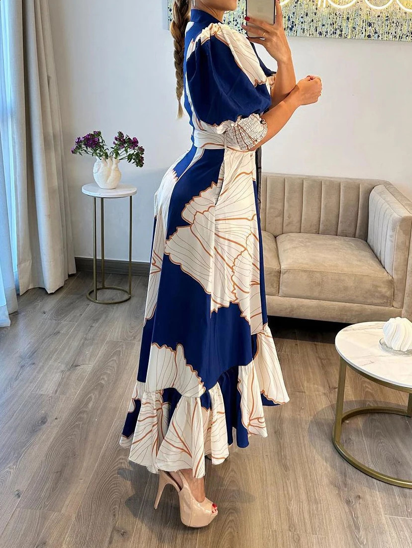 Women Floral Print Long Dress Summer Casual Turn-down Collar Half Sleeve Loose Big Swing Dress Female Vintage Beach Maxi Dress240730