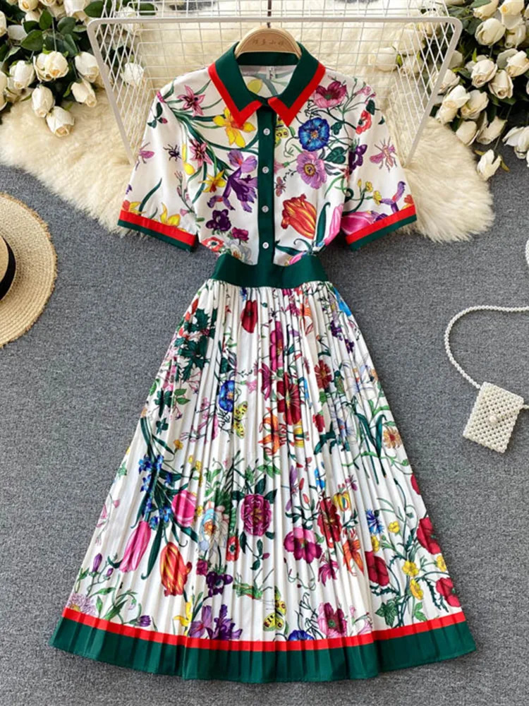Fashion Runway Summer Striped Flower Dress Womens Turn Down Collar Short Sleeve Floral Print Midi Tunic Party Pleated Vestidos240730