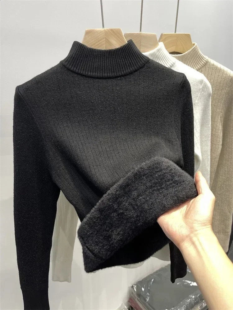 Winter Warm Sweater Pullover Women Slim Thicken Plush Velvet Lined Knitwear Jumper Korean Half Turtleneck Poleras Soft Knit Tops 240730