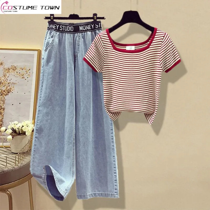 SpringSummer Set Womens Western Style Age Reducing Casual Tshirt Denim Wide Leg Pants Two Piece 240729