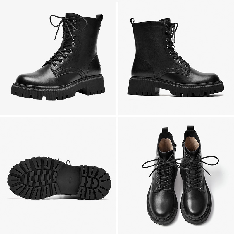 Ankle BeauToday Boots Women Genuine Cow Leather Round Toe Solid Color Side Zipper Retro Platform Ladies Shoes Handmade A04420 3870