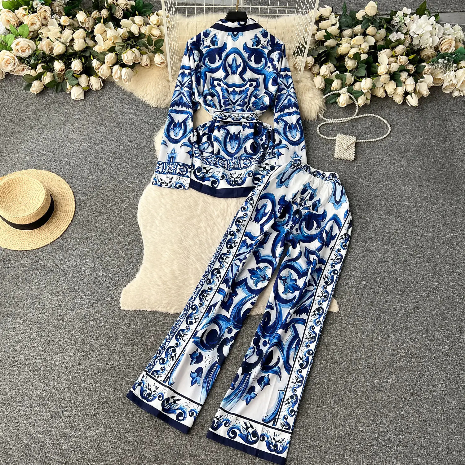 JAMERARY quality Two-piece Set For Women Notched Collar Red Blue White Porcelain Print Jackets Top Floral Wide Leg Pants Suits240730