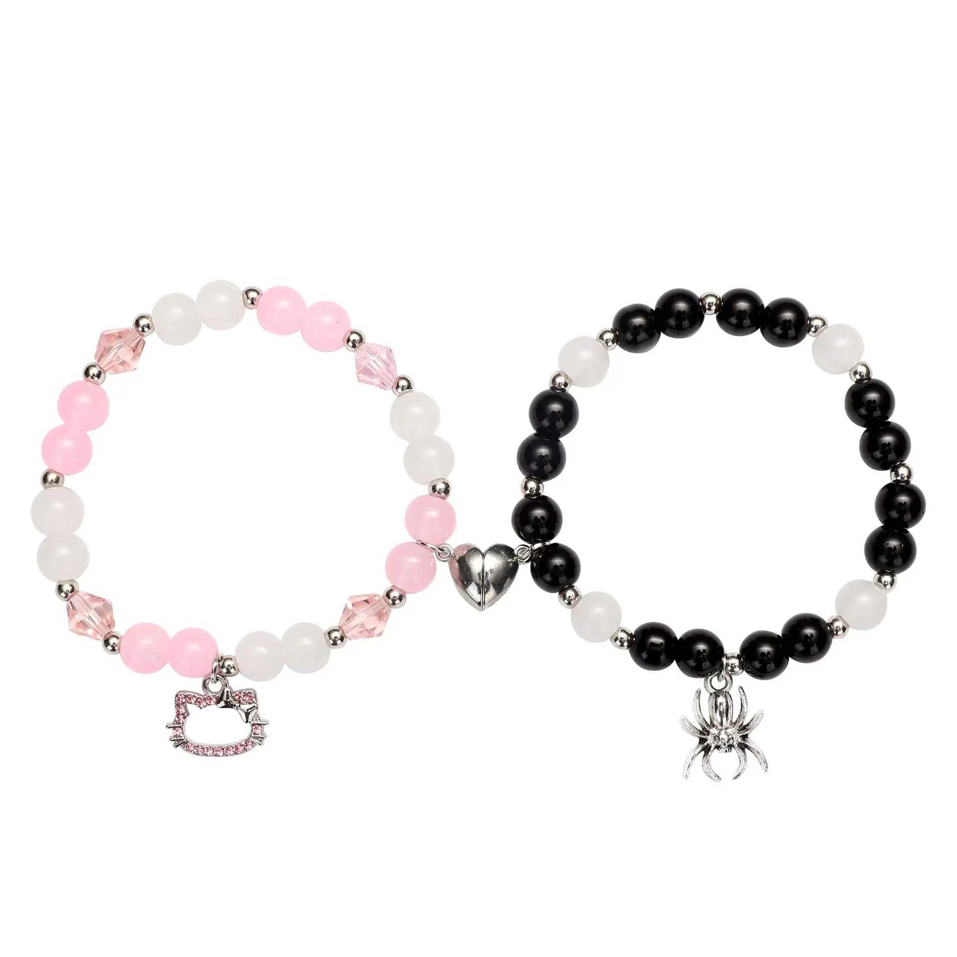 2 pieces/set of pink Hello Cat bead bracelets suitable for womens heart magnetic matching couple bracelets girls holiday jewelry gifts W241231