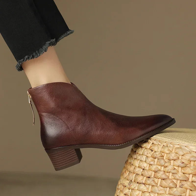 Women Pointy Brown Ankle Boots High Heels Shoes Woman Vintage Chelsea Boots Autumn PU Leather Femme Mid-heel Stubby Ankle Boots
