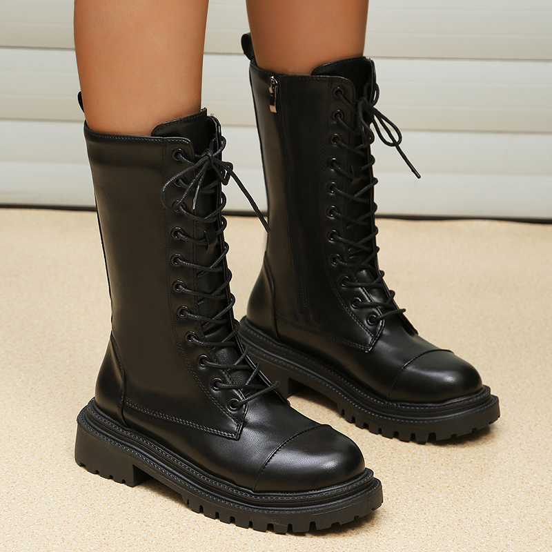 Black PU Leather Combat Boots for Women 2023 Autumn Winter Non Slip Motorcycle Boots Woman Fashion Platform Ankle Botas Mujer