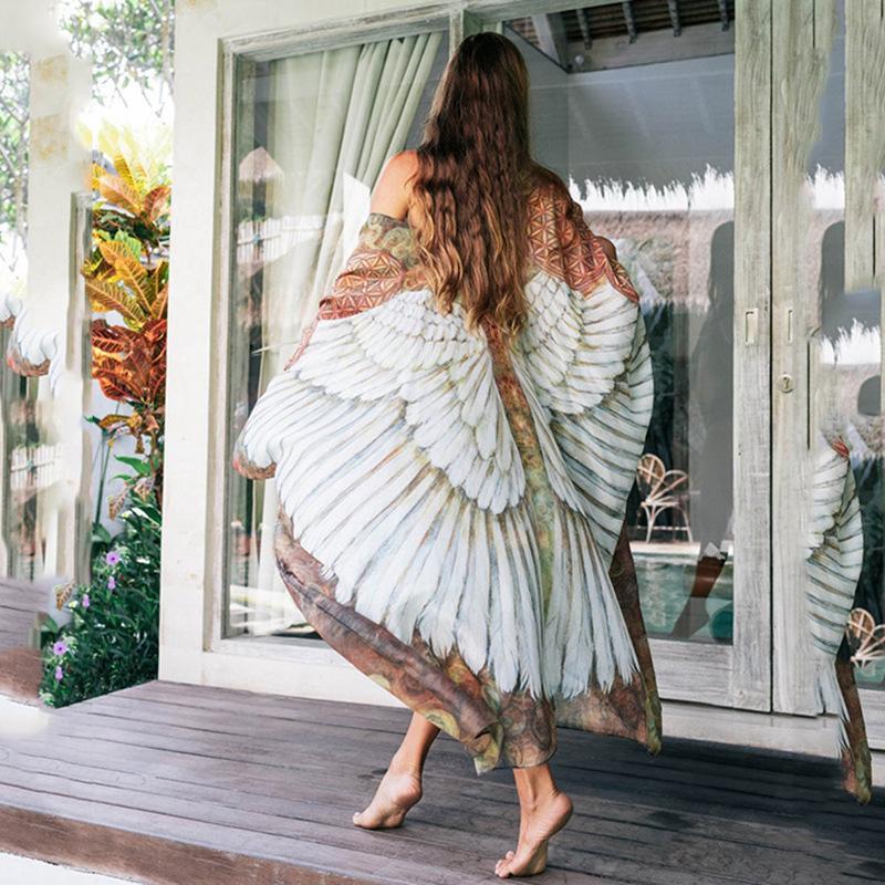 2024 New Chiffon Wings Printed Shawl Beach Hoodie Sexy Cardigan Loose Vacation Sunscreen Dress