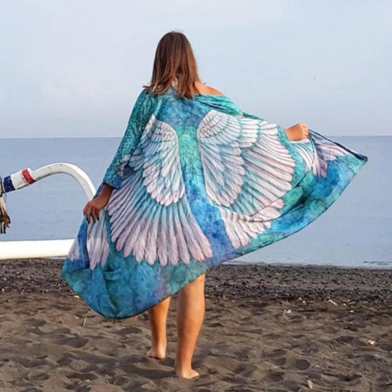 2024 New Chiffon Wings Printed Shawl Beach Hoodie Sexy Cardigan Loose Vacation Sunscreen Dress