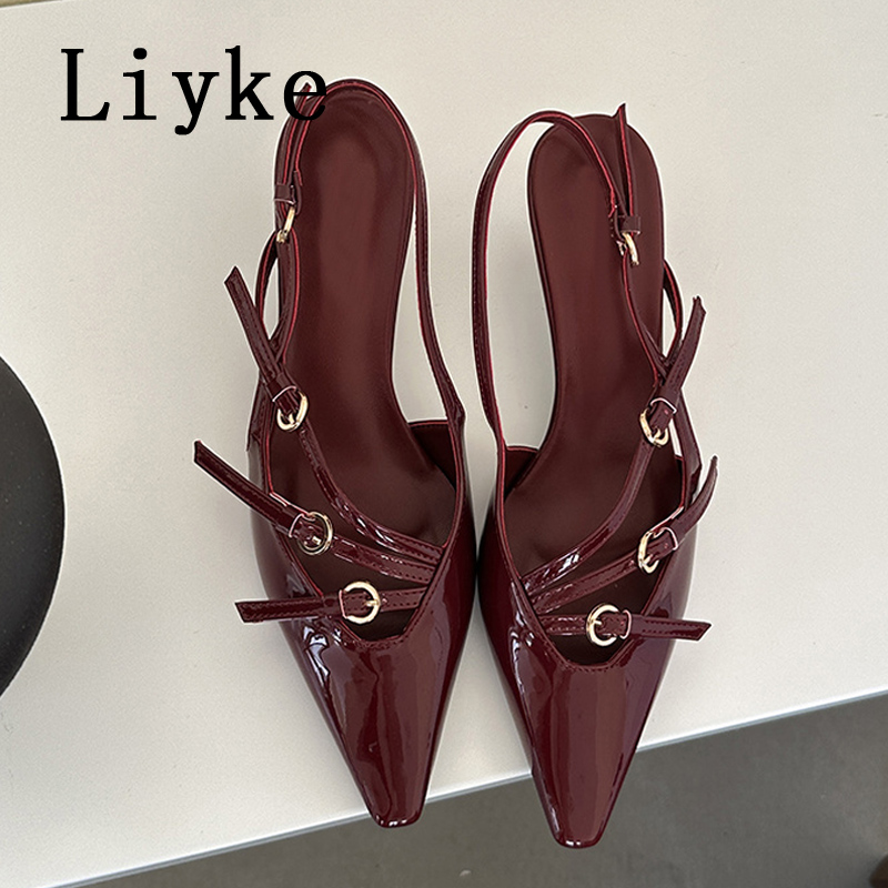 Liyke Sexy Slingbacks Narrow Band Buckle Strap Pumps Women Pointed Toe Low Thin Heels Wedding Party Mules Shoes Female Sandals