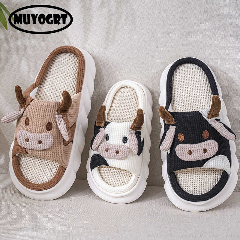 Cute Cartoon Milk Cow Home Slippers Men Thick Sole Open Toe Cotton Slippers Woman 2023 Autumn Winter Soft Indoor Slides Shoes