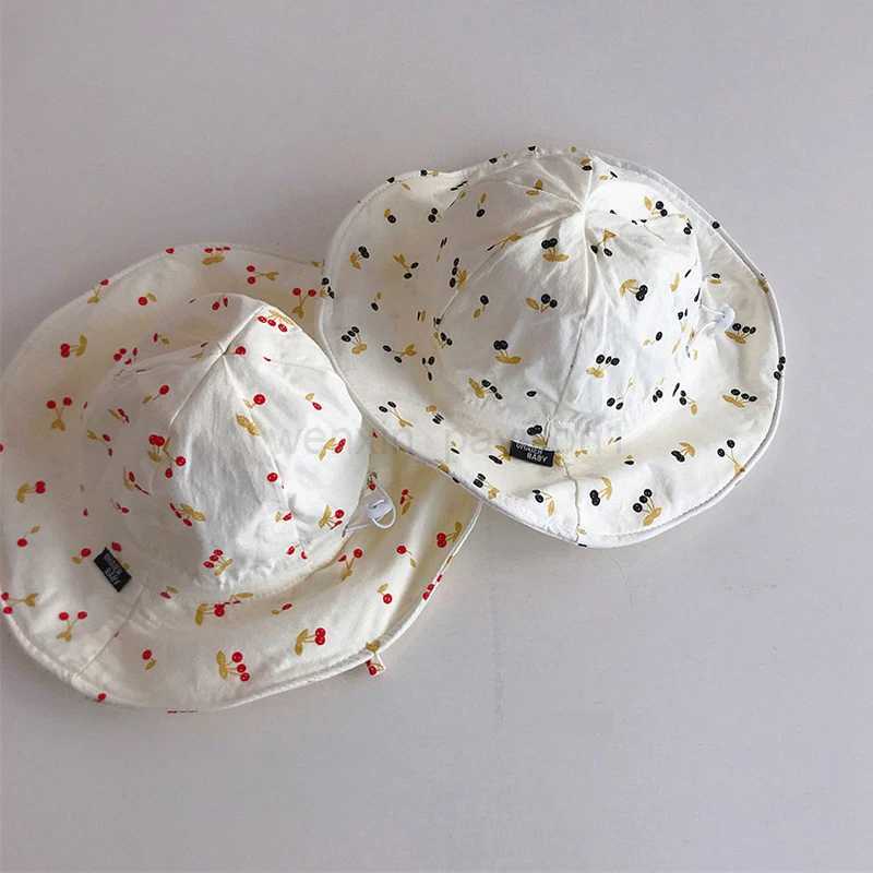 Summer Large Brim Sun Hat Baby Cute Cherry Print Girls Fisherman Cap Solid Color Kids Sun Hats Outdoor Beach Panama CapsXJ240730