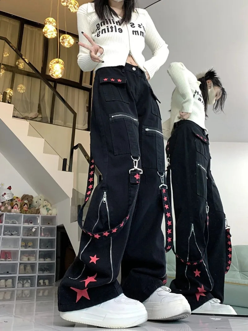 American Black Ribbon Patchwork Hiphop Contrast Color Star Pants Zipper High Waist Preppy Style Vintage Trousers Y2k Wide Leg 240806