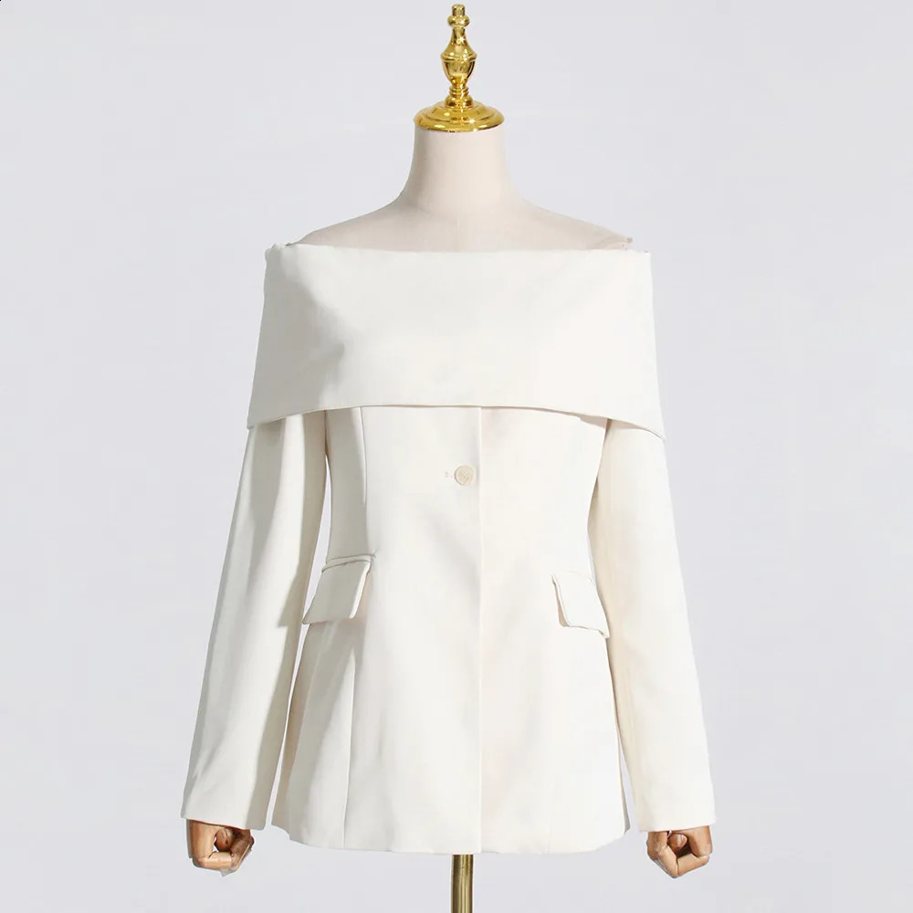 VGH Solid Patchwork Button Temperament Blazer For Women Slash Neck Long Sleeve Slimming Blazers Female Fashion Style Clothes 240730