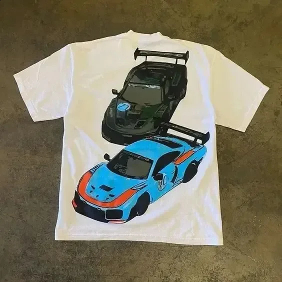 Retro 90s American Classic Sports Car Print Summer Cotton Couple T-Shirt