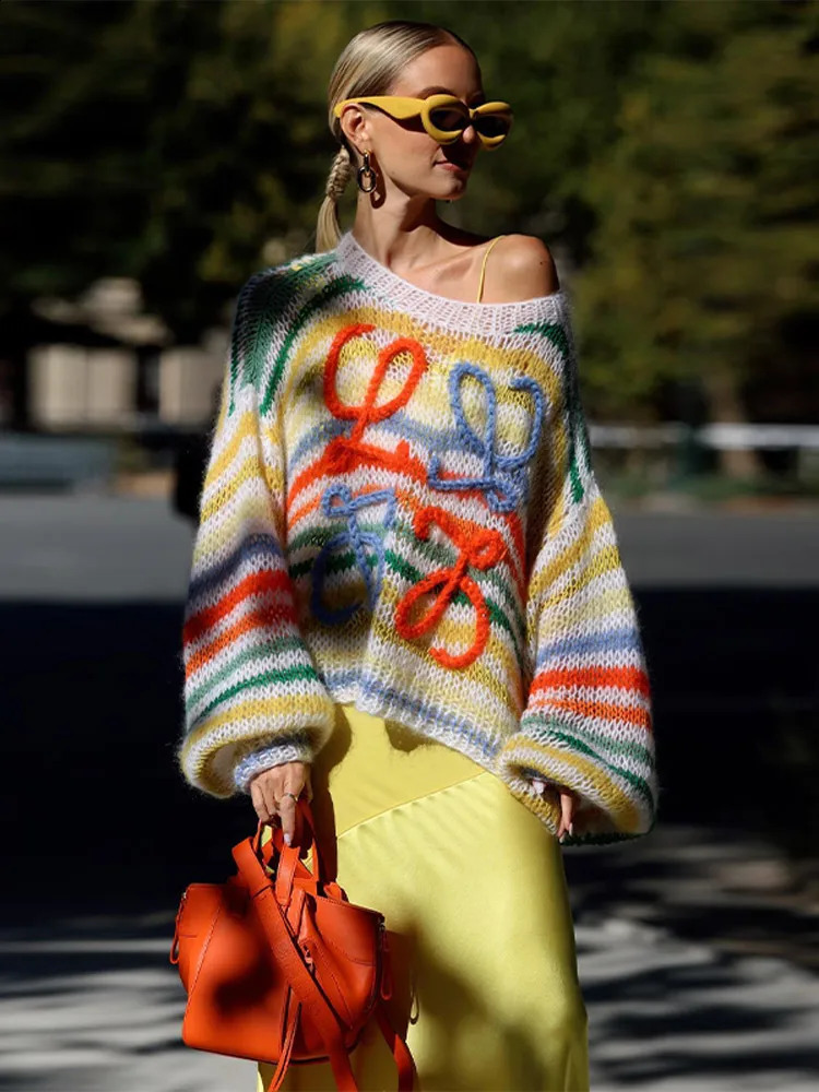 Autumn Fashion Multicolour Pullover Women Chic Round Neck Kintted Hollow Out Sweater Female Harajuku Aesthetics Jumper 240730wtt