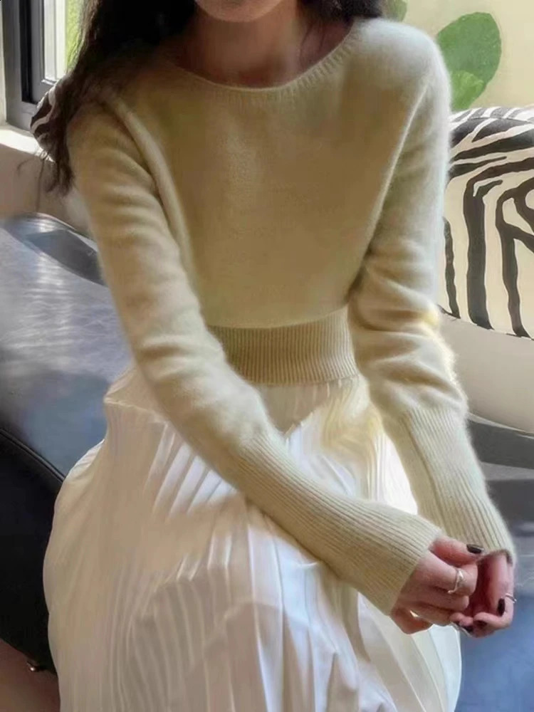 Women 100% Merino Wool Soft Sweater High Waisted Straight Neck Pullover Autumn Winter European Waistband Bottoming Knitted Top 240730