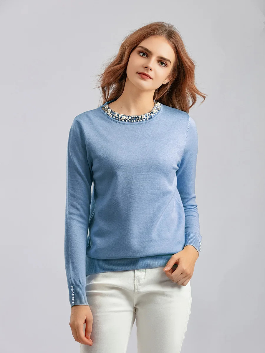 Chic Beaded Oneck Knitted Tshirts Women Spring Casual Slim Knitwear Jumper Tops Korean Long Sleeve Malhas Tee Thin Sweater 240730