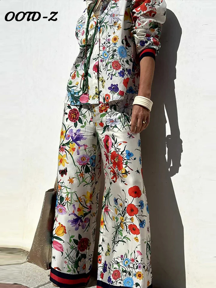 Floral Print Shirt Trousers Set Women Summer Lapel Single Breasted Shirts Wide Leg Pants 2024 Casual Fashion Lady 2 Pieces Sets240730