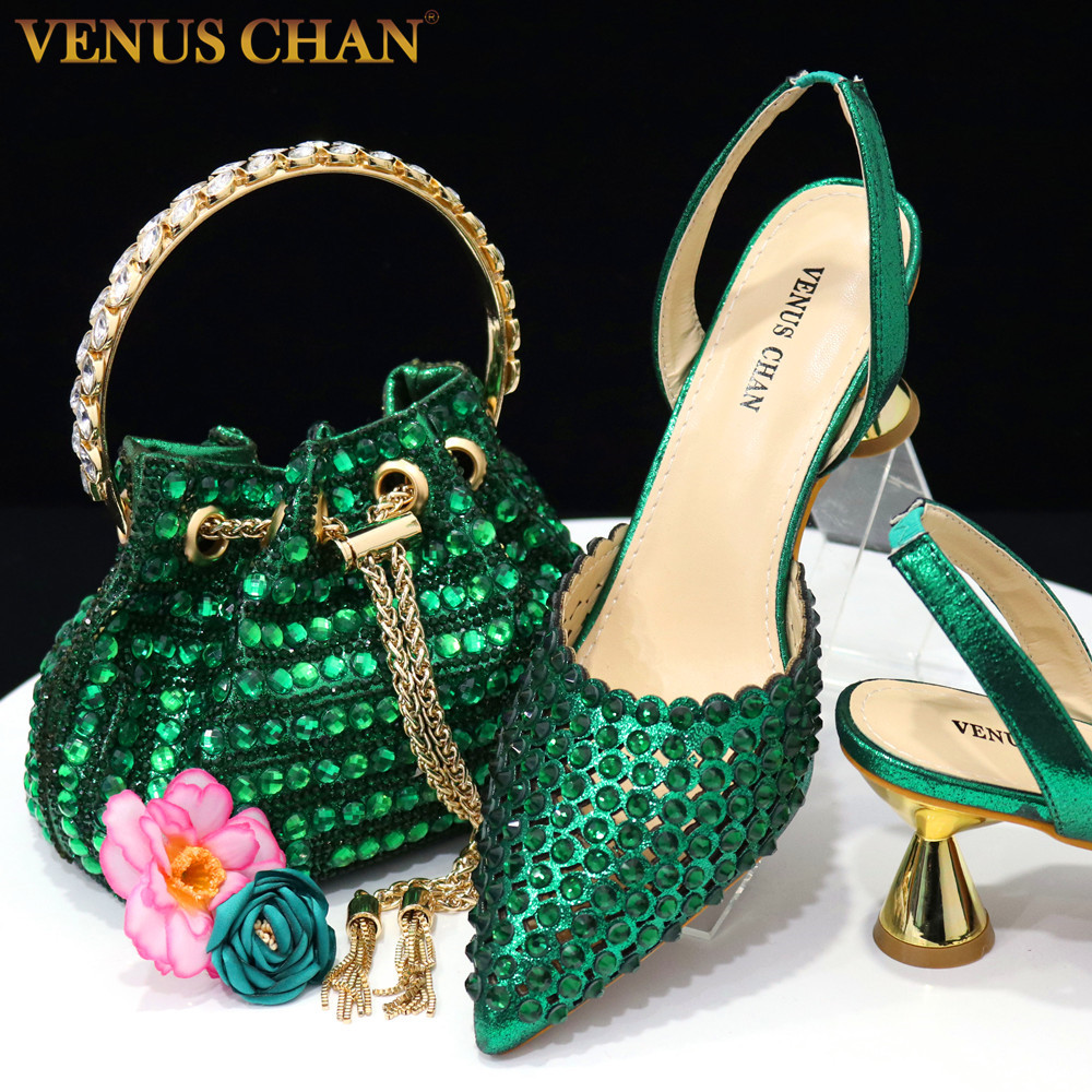Venus Chan High Heels Lady 2023 Designer Green Color Full Dia Pointed Toe Wedding Shoe and Bag Set for Party