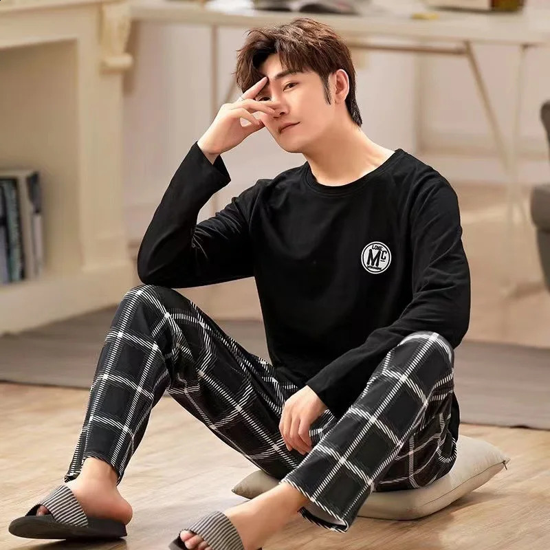 Mens Pajamas Two-Piece Mens Long-Sleeved Pyjamas Spring And Autumn Thin Section Of The Large Size Leisure Home Wear Suit 240819